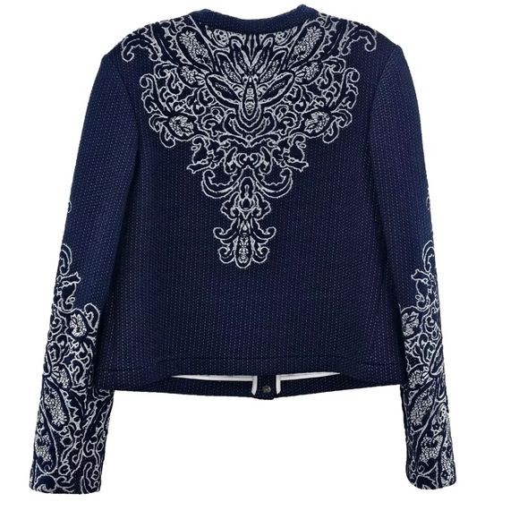 Yoana Baraschi Blue Cropped Jacquard Button Snap Front Jacket Womens Size Large - Picture 3 of 7
